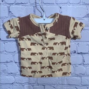 Kate Quinn Infants Short Sleeve Top Bear & Cub Print Ribbed Shoulder Browns 3-6M